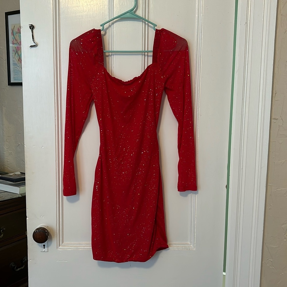 Red sparkly open back dress